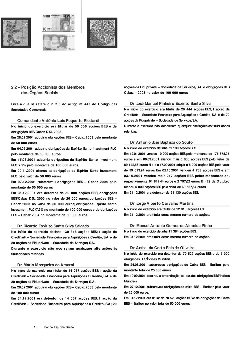 02.2001 adquiriu obrigações BES Cabaz 2003 pelo montante de 50 000 euros. Em 04.05.2001 adquiriu obrigações da Espírito Santo Investment PLC pelo montante de 50 000 euros. Em 15.06.