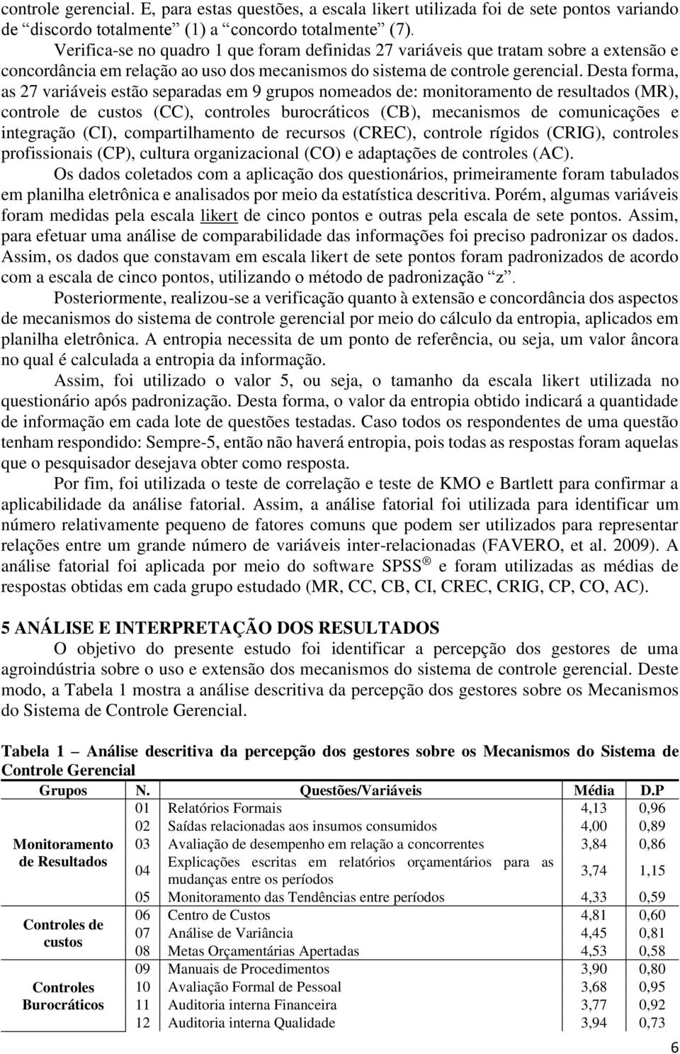 Desta forma, as 27 variáveis estão separadas em 9 grupos nomeados de: monitoramento de resultados (MR), controle de custos (CC), controles burocráticos (CB), mecanismos de comunicações e integração