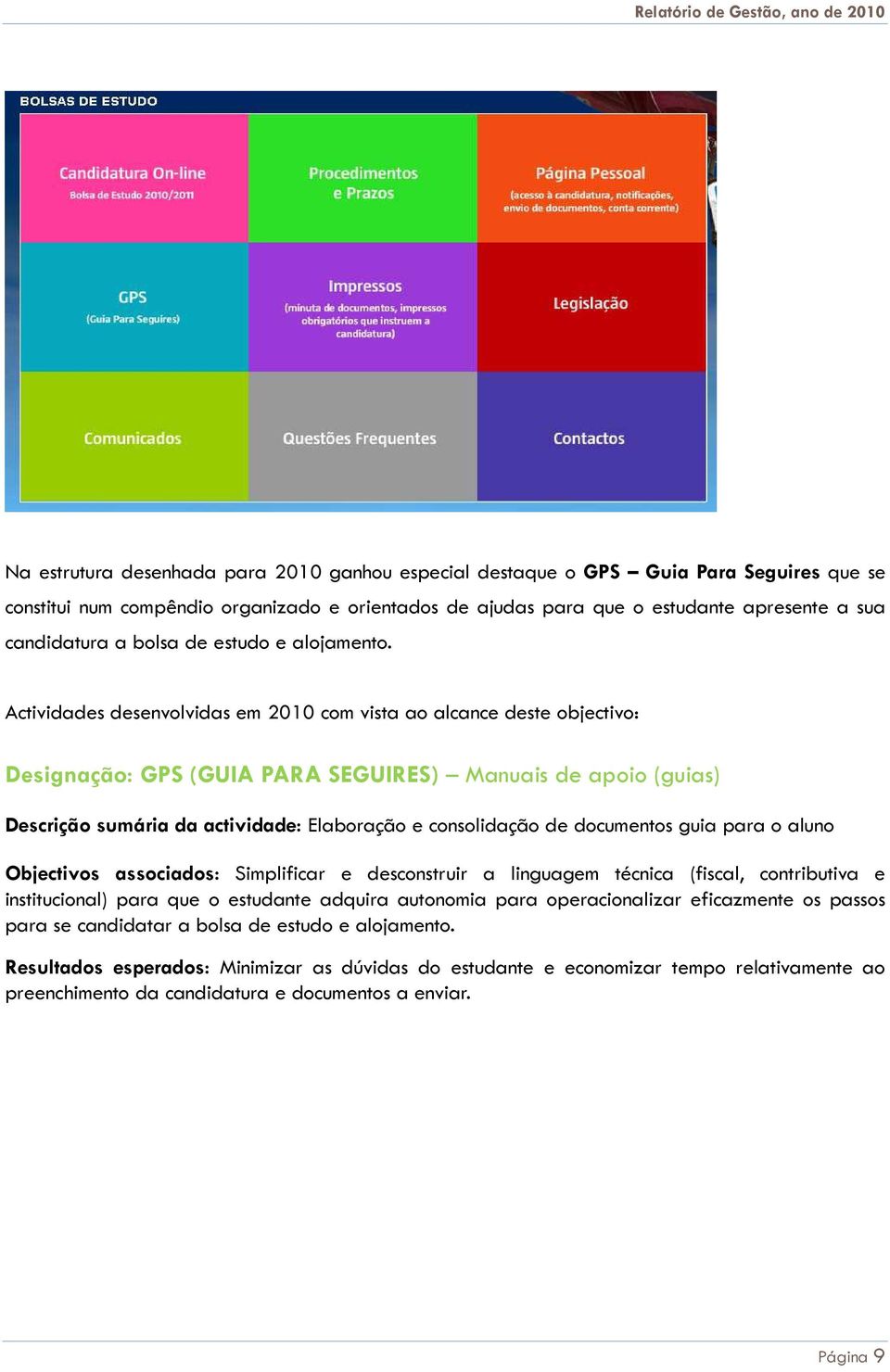 Actividades desenvolvidas em 2010 com vista ao alcance deste objectivo: Designação: GPS (GUIA PARA SEGUIRES) Manuais de apoio (guias) Descrição sumária da actividade: Elaboração e consolidação de