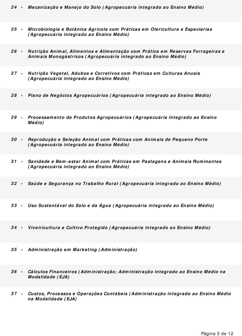 Anuais (Agropecuária integrado ao Ensino 28 - Plano de Negócios Agropecuários (Agropecuária integrado ao Ensino 29 - Processamento de Produtos Agropecuários (Agropecuária integrado ao Ensino 30 -