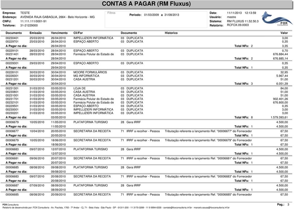 885,14 00229301 29/03/2010 29/04/2010 ESPAÇO ABERTO 0,35 A Pagar no dia: 29/04/2010 1 0,35 00228101 30/03/2010 30/04/2010 MOORE FORMULÁRIOS 32,95 00228301 30/03/2010 30/04/2010 MG INFORMÁTICA 5.