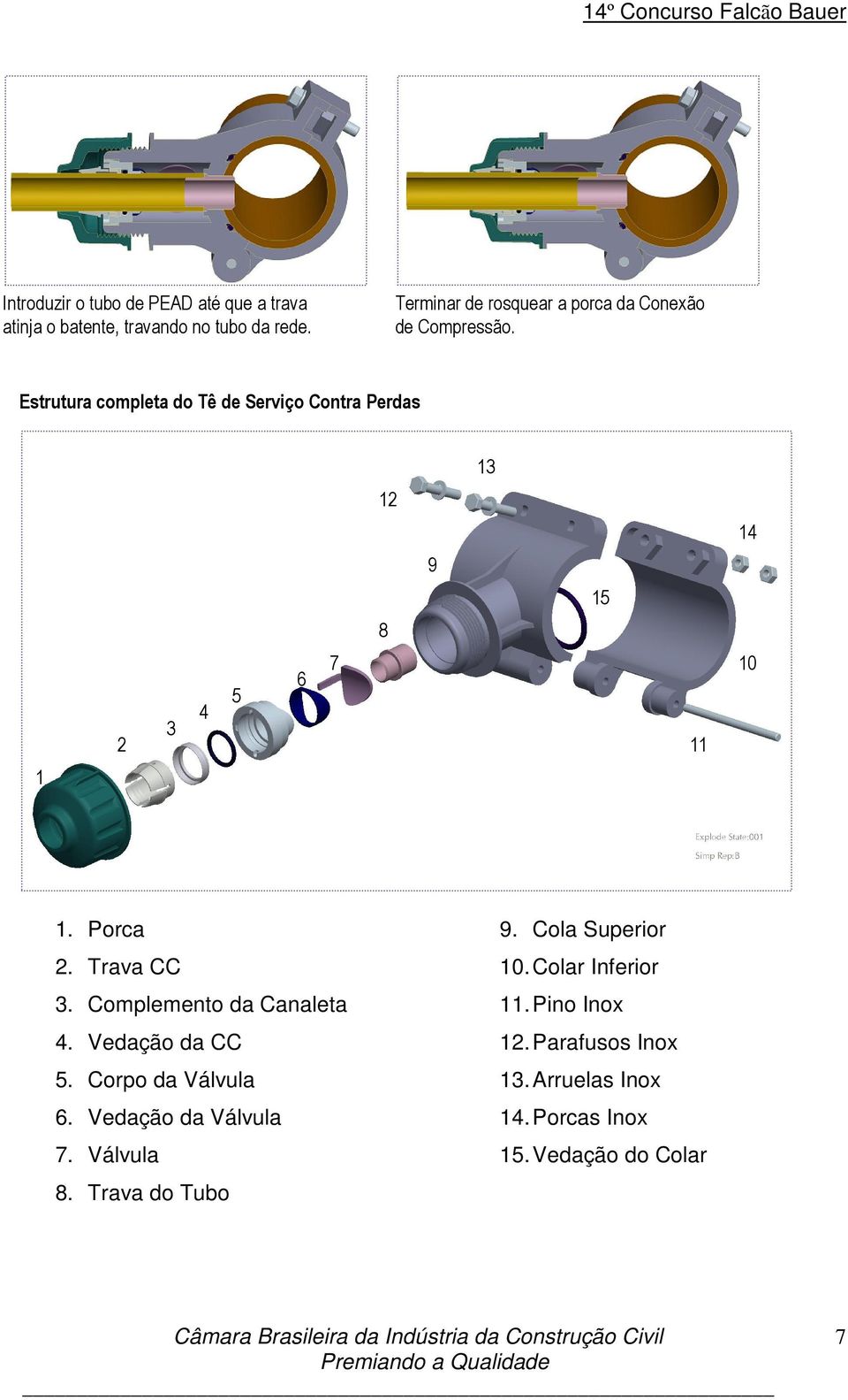 Estrutura completa do Tê de Serviço Contra Perdas 13 12 14 9 15 8 2 3 4 5 6 7 11 10 1 1. Porca 2. Trava CC 3.