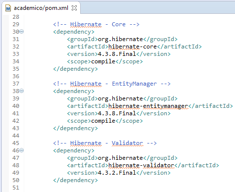 Figura 17. As dependências do Hibernate. Esse terceiro lote de dependências é o mais extenso de todos do projeto. São quatro dependências Javax.