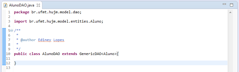 Figura 21. AlunoDAO Além do pacote Model, ficou definido outros pacotes auxiliares: Converters, Exceptions, Filters, Repository, Service, Util e Validators.