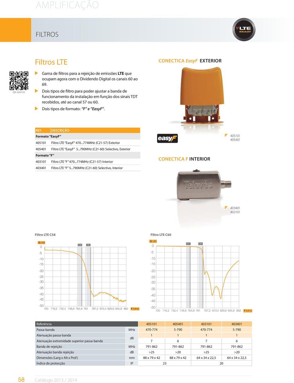 DESCRIÇÃO Formato EasyF 405101 Filtro LTE EasyF 470...774MHz (C21-57) Exterior 405401 Filtro LTE EasyF 5...790MHz (C21-60) Selectivo, Exterior Formato F 403101 Filtro LTE F 470.