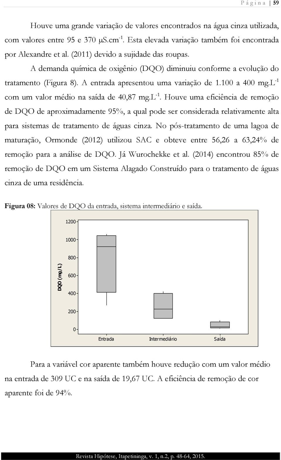 l -1 com um valor médio na saída de 40,87 mg.l -1. Houve uma eficiência de remoção de DQO de aproximadamente 95%, a qual pode ser considerada relativamente alta para sistemas de tratamento de águas cinza.