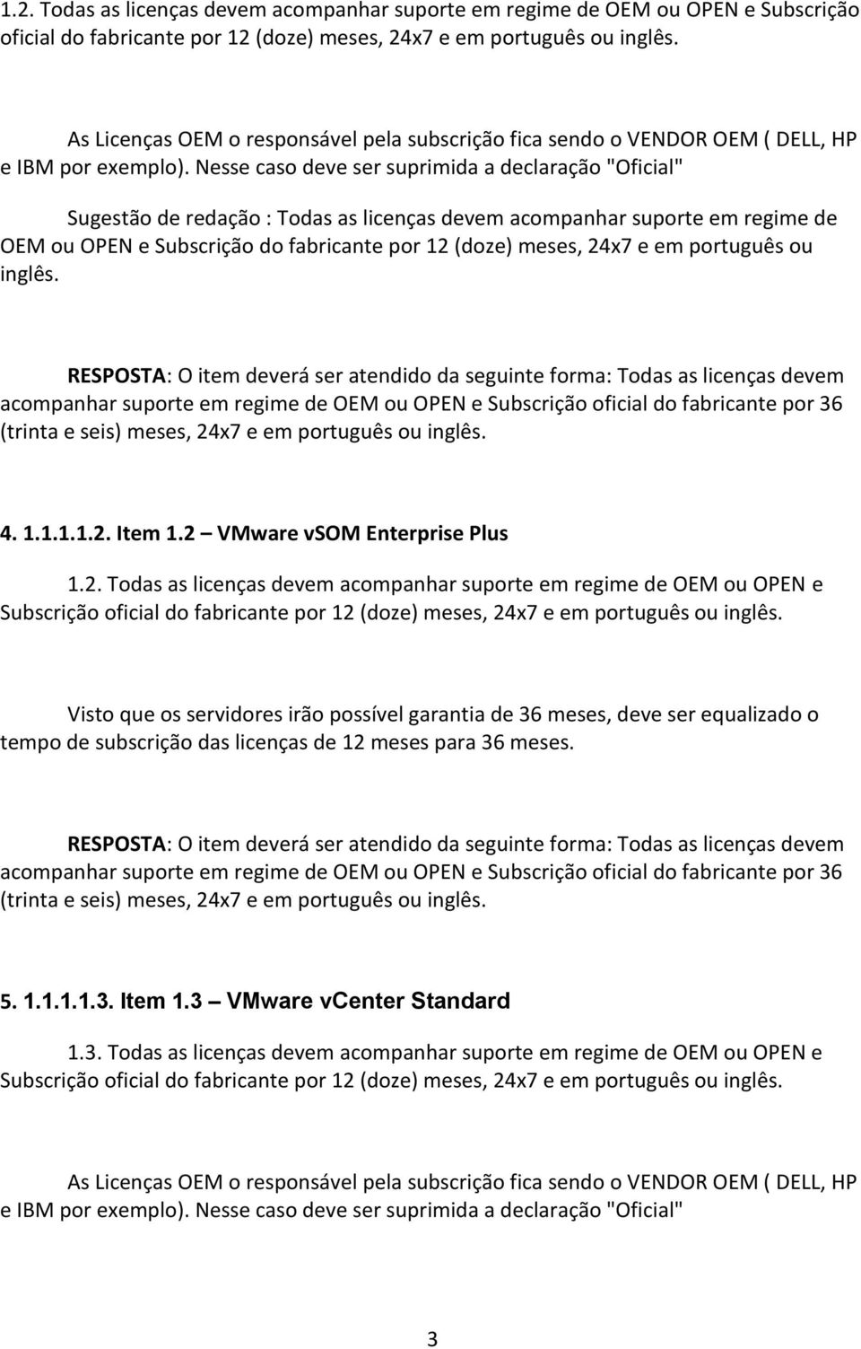 Nesse caso deve ser suprimida a declaração "Oficial" Sugestão de redação : Todas as licenças devem acompanhar suporte em regime de OEM ou OPEN e Subscrição do fabricante por 12 (doze) meses, 24x7 e