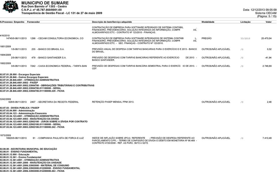 470,04 FINANCEIRO, PREVIDÊNCIÁRIO, SOLUÇÃO INTEGRADA DE INFORMAÇÃO, COMPR AS, ALMOXARIFADO ETC. - SEC. FINANÇAS - CONTRATO Nº 123/2010. 1681/2009 1/0-06/11/2013 235 - BANCO DO BRASIL S.A. PREVISÃO ANUAL DE DESPESA COM TARIFAS BANCARIAS PARA O EXERCÍCIO D E 2013 - BANCO DO BRASIL.