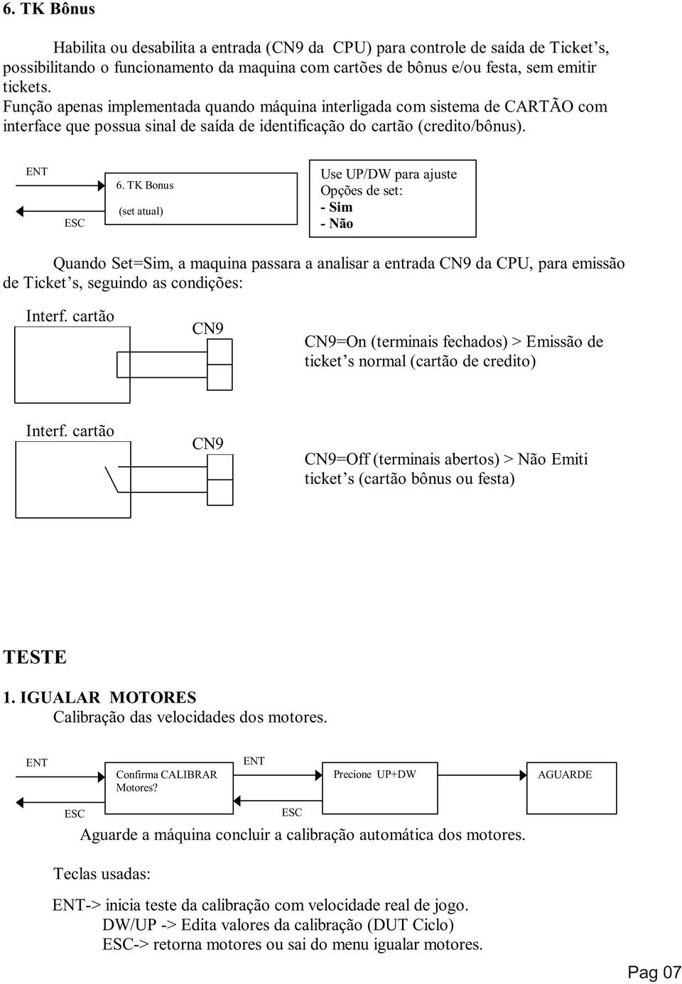 TK Bonus Use / para ajuste - Sim - Não Quando Set=Sim, a maquina passara a analisar a entrada CN9 da CPU, para emissão de Ticket s, seguindo as condições: Interf.