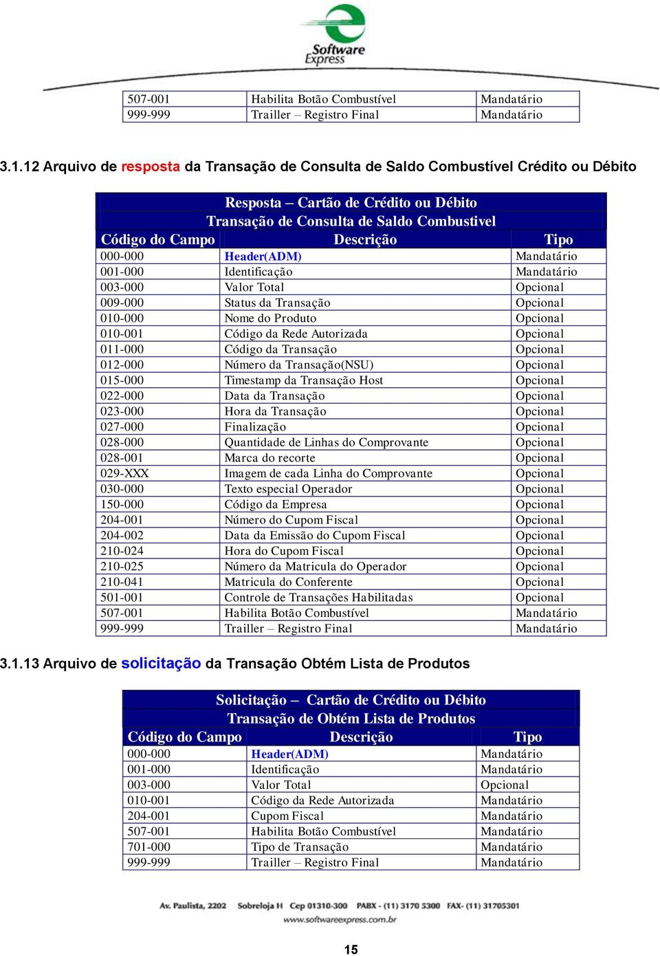 12 Arquivo de resposta da Transação de Consulta de Saldo Combustível Crédito ou Débito Resposta Cartão de Crédito ou Débito Transação de Consulta de Saldo Combustivel Código do Campo Descrição Tipo