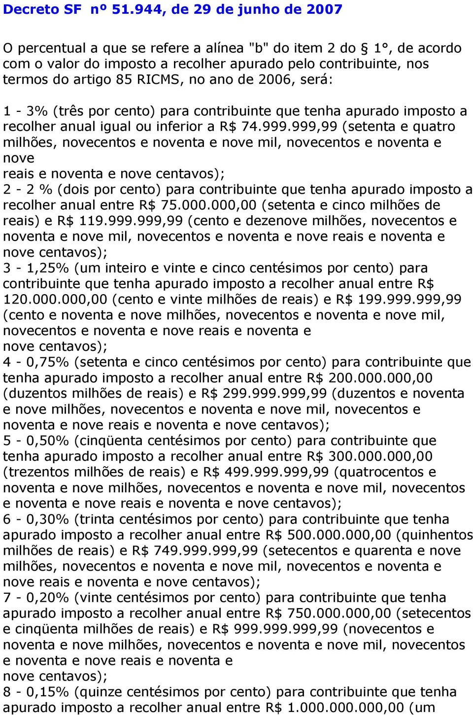 2006, será: 1-3% (três por cento) para contribuinte que tenha apurado imposto a recolher anual igual ou inferior a R$ 74.999.