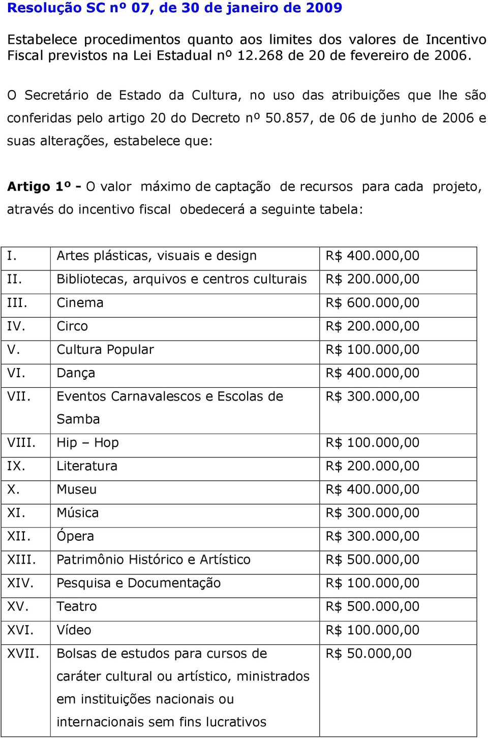 857, de 06 de junho de 2006 e suas alterações, estabelece que: Artigo 1º - O valor máximo de captação de recursos para cada projeto, através do incentivo fiscal obedecerá a seguinte tabela: I.