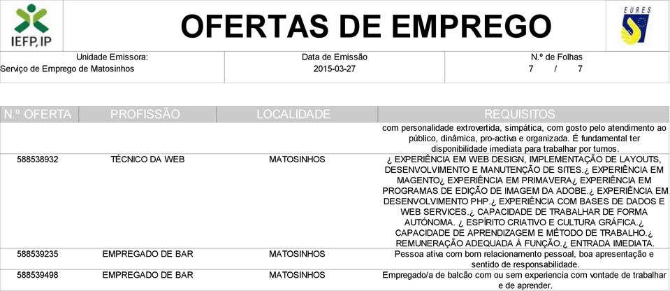 EXPERIÊNCIA EM MAGENTO EXPERIÊNCIA EM PRIMAVERA EXPERIÊNCIA EM PROGRAMAS DE EDIÇÃO DE IMAGEM DA ADOBE. EXPERIÊNCIA EM DESENVOLVIMENTO PHP. EXPERIÊNCIA COM BASES DE DADOS E WEB SERVICES.