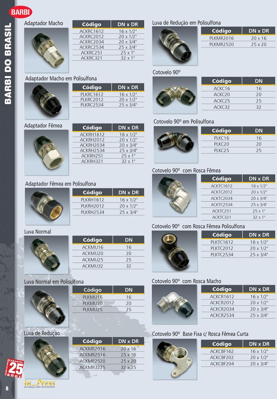 x 1/2" ACKRH2012 20 x 1/2" ACKRH2034 20 x 3/4" ACKRH2534 25 x 3/4" ACKRH251 25 x 1" ACKRH321 32 x 1" Adaptador Fêmea em Polisulfona x DR PLKRH1612 16 x 1/2" PLKRH2012 20 x 1/2" PLKRH2534 25 x 3/4"