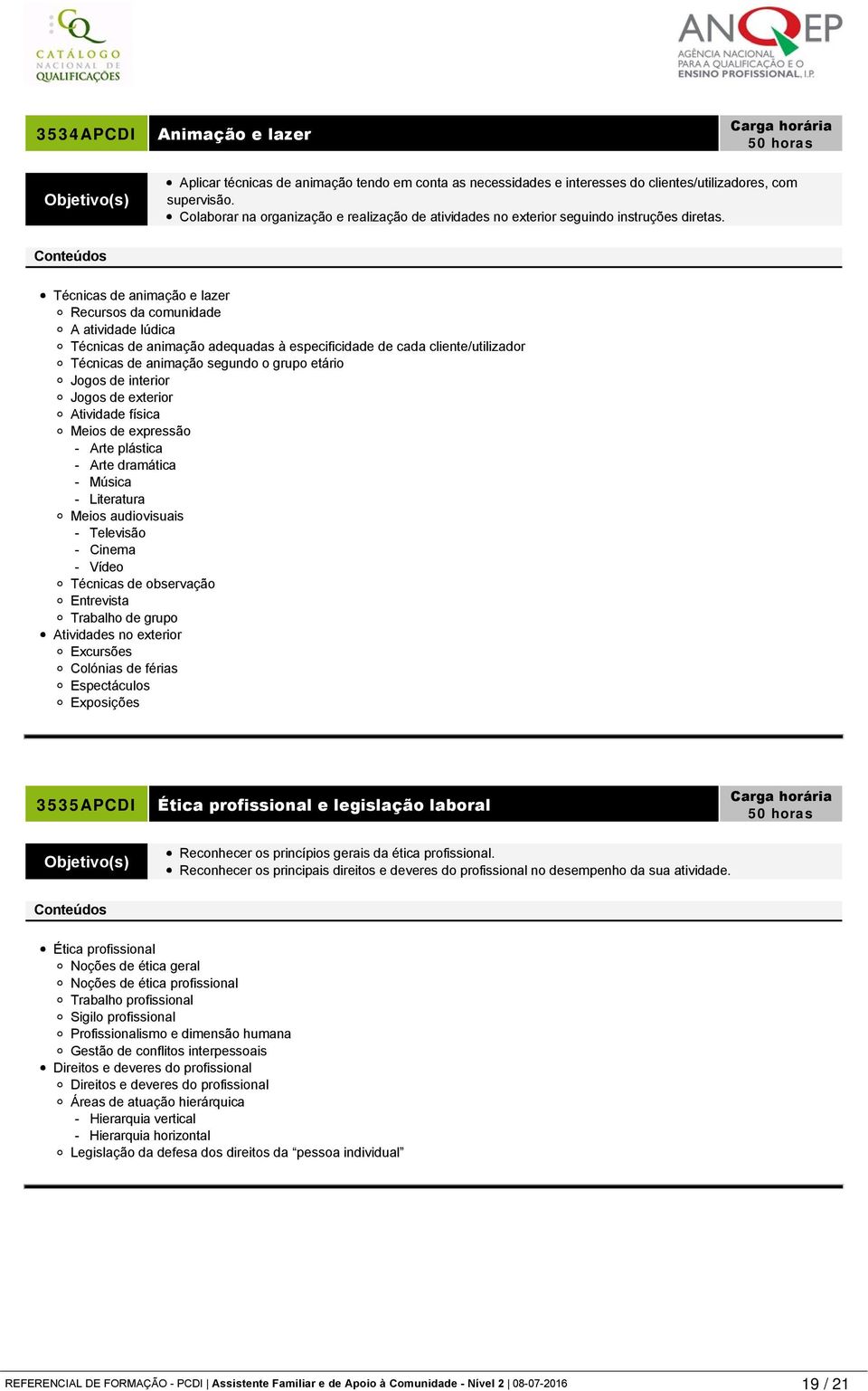 Técnicas de animação e lazer Recursos da comunidade A atividade lúdica Técnicas de animação adequadas à especificidade de cada cliente/utilizador Técnicas de animação segundo o grupo etário Jogos de