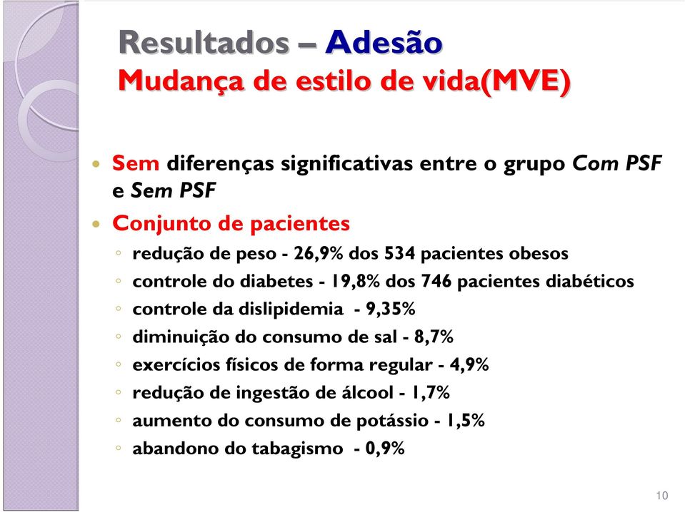 pacientes diabéticos controle da dislipidemia - 9,35% diminuição do consumo de sal - 8,7% exercícios físicos de