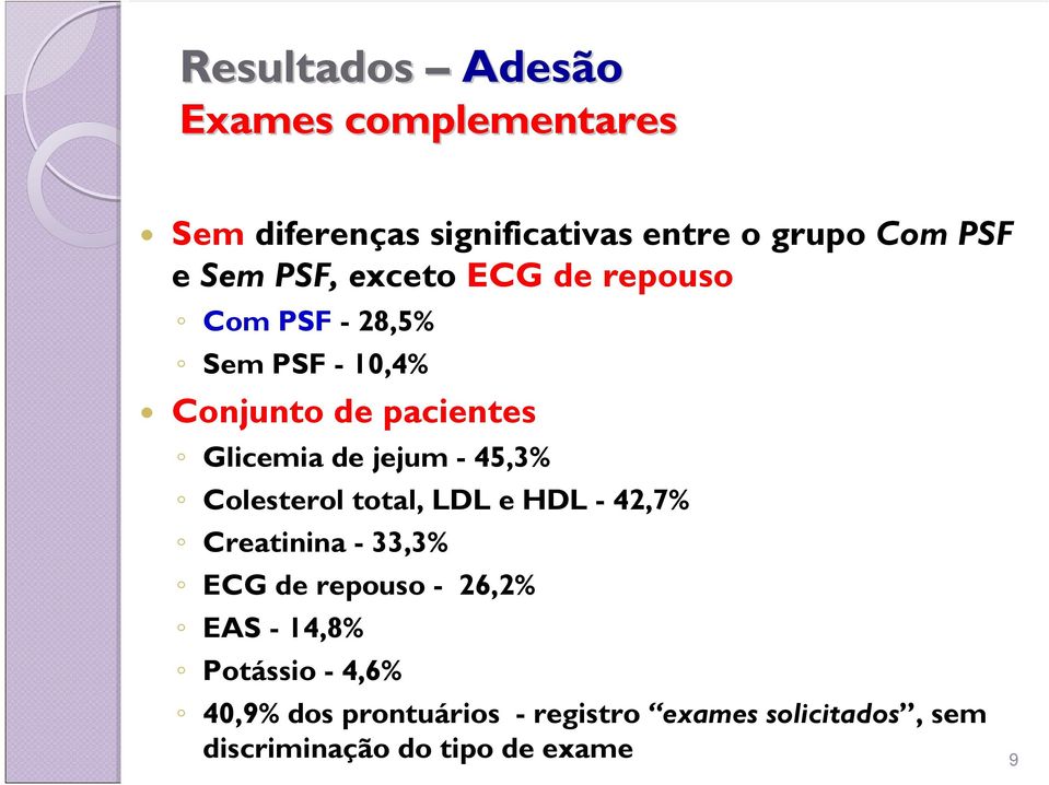 - 45,3% Colesterol total, LDL e HDL - 42,7% Creatinina - 33,3% ECG de repouso - 26,2% EAS - 14,8%