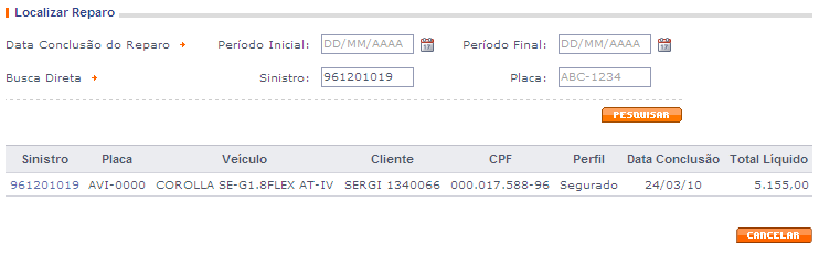 Incluir Notas Fiscais (Oficina) Clique na opção Incluir Notas Fiscais (Oficinas) para exibir a tela abaixo: Nesta tela a primeira providência que você deve tomar é a de localizar o sinistro para o