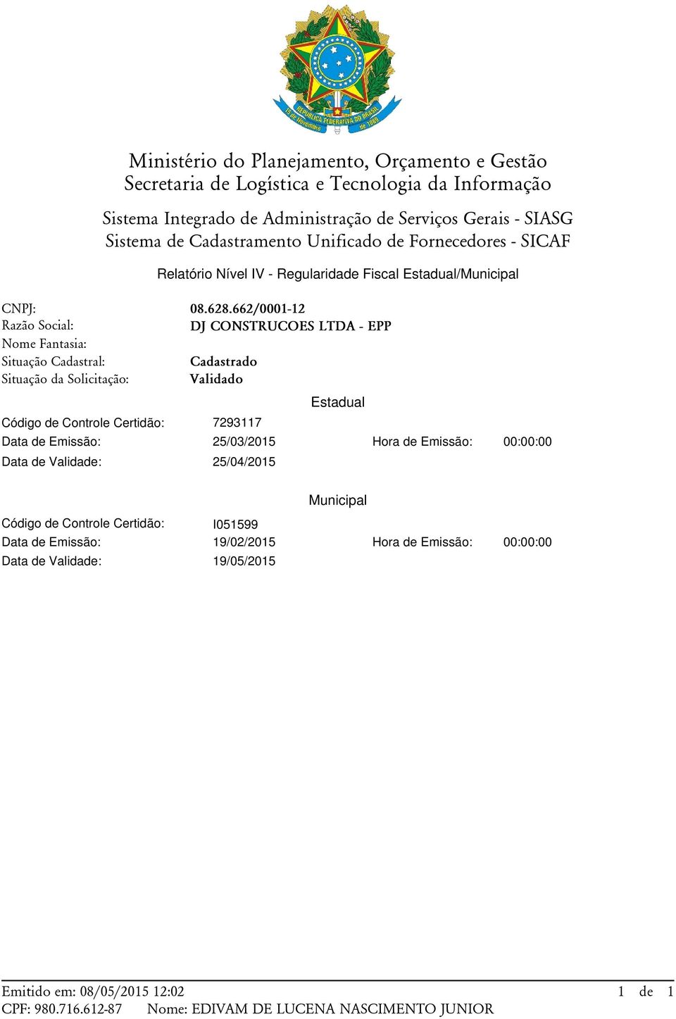 Relatório Nível IV - Regularidade Fiscal Estadual/Municipal 08.628.
