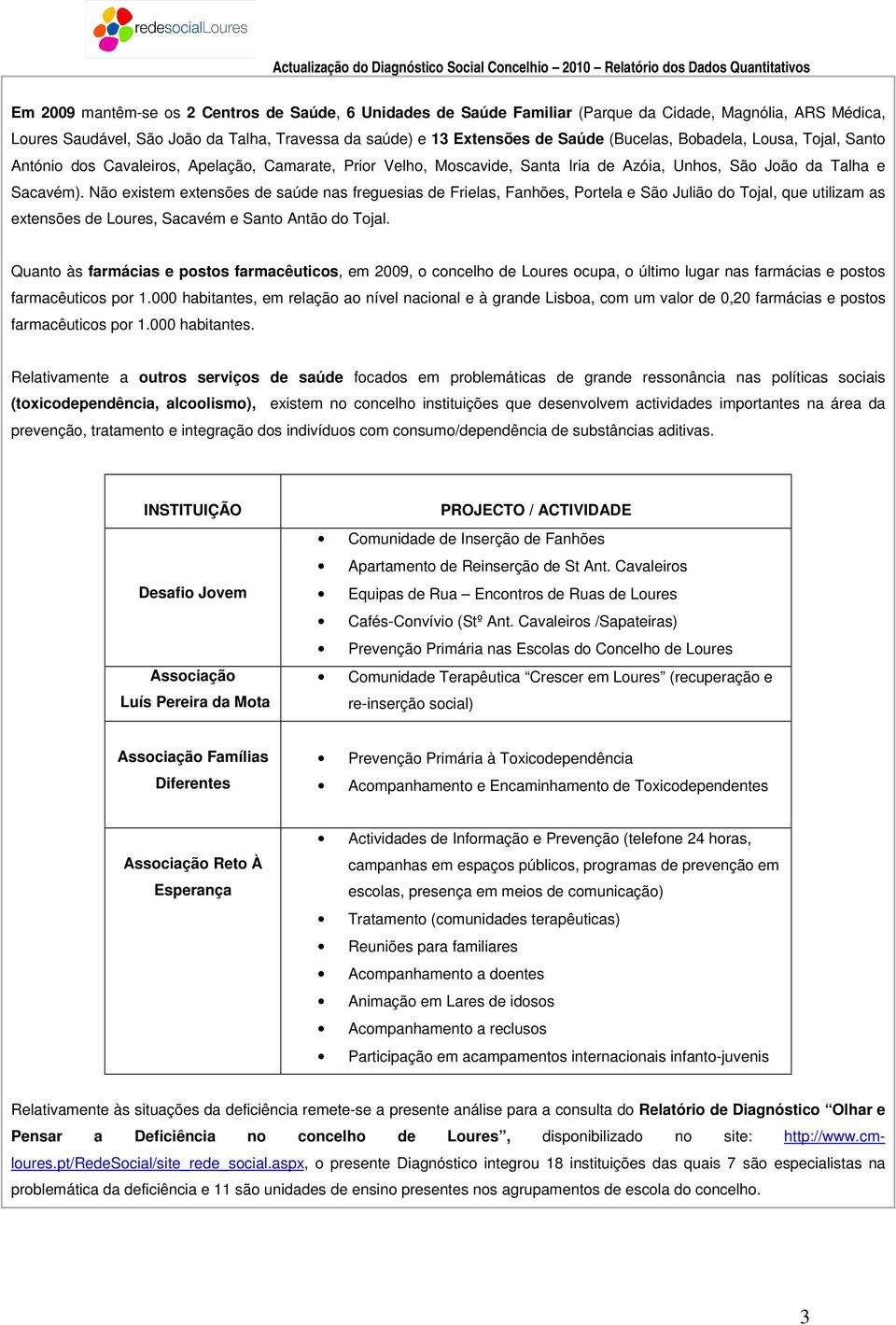 Não existem extensões de saúde nas freguesias de Frielas, Fanhões, Portela e São Julião do Tojal, que utilizam as extensões de, Sacavém e Santo Antão do Tojal.