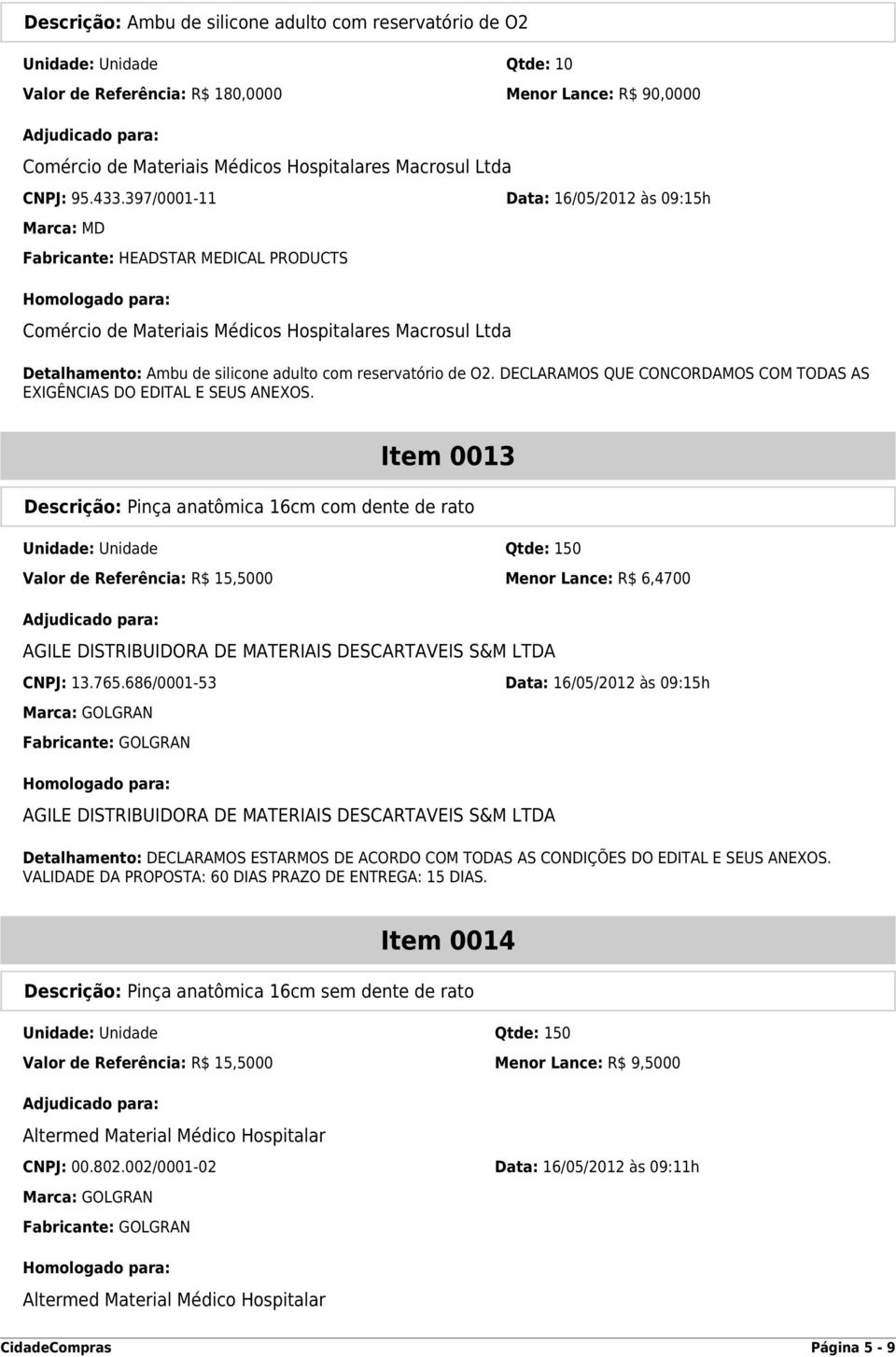 397/0001-11 Data: 16/05/2012 às 09:15h Marca: MD Fabricante: HEADSTAR MEDICAL PRODUCTS Comércio de Materiais Médicos Hospitalares Macrosul Ltda Detalhamento: Ambu de silicone adulto com reservatório