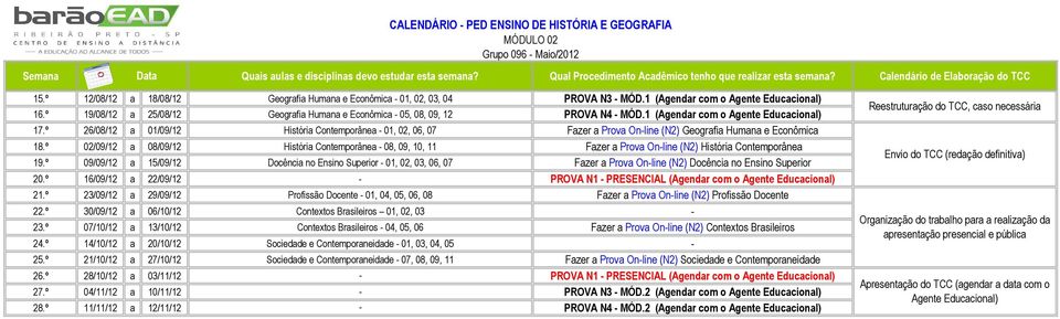 1 (Agendar com o Agente Educacional) 16.º 19/08/12 a 25/08/12 Geografia Humana e Econômica - 05, 08, 09, 12 PROVA N4 - MÓD.1 (Agendar com o Agente Educacional) 17.