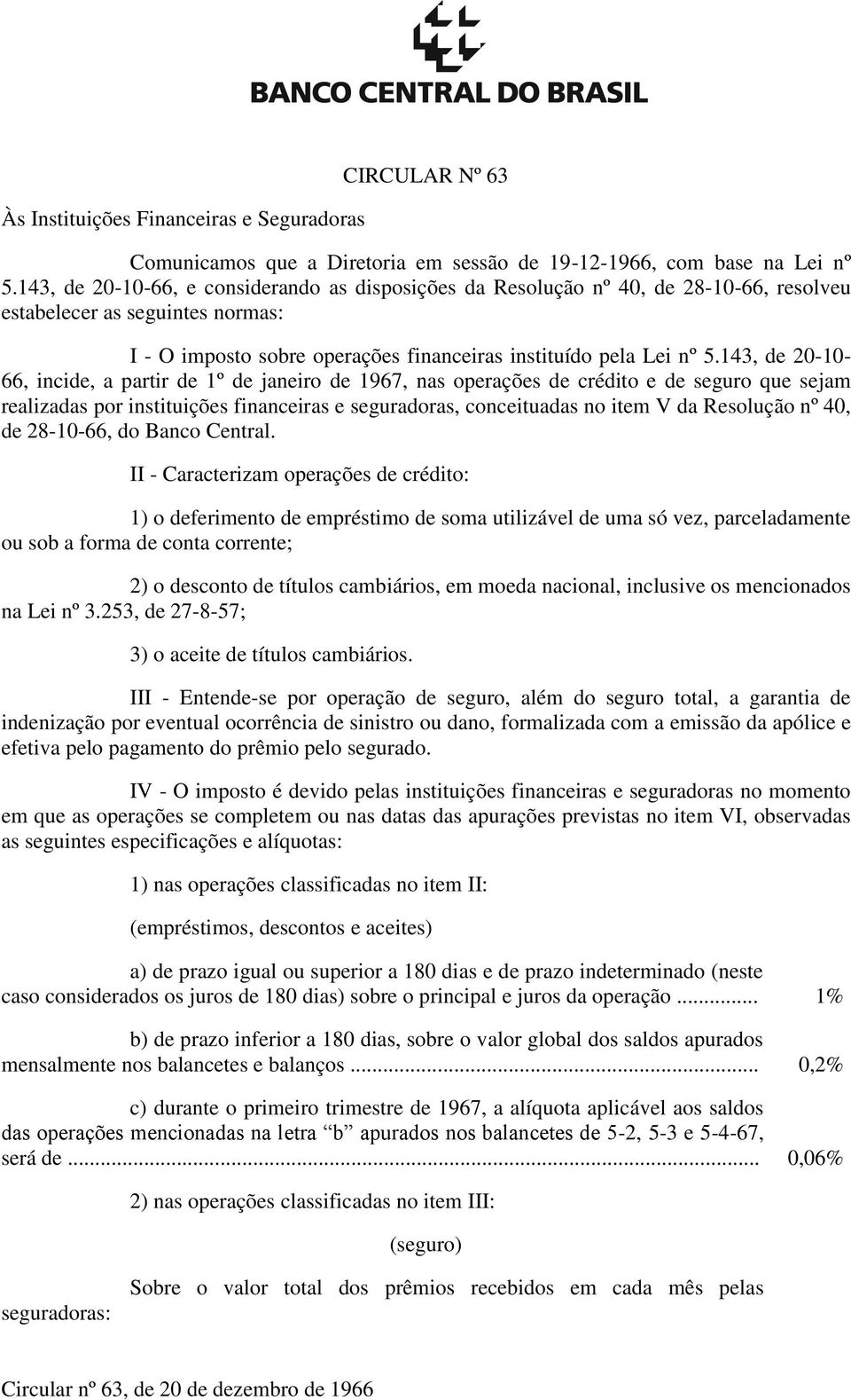 143, de 20-10- 66, incide, a partir de 1º de janeiro de 1967, nas operações de crédito e de seguro que sejam realizadas por instituições financeiras e seguradoras, conceituadas no item V da Resolução