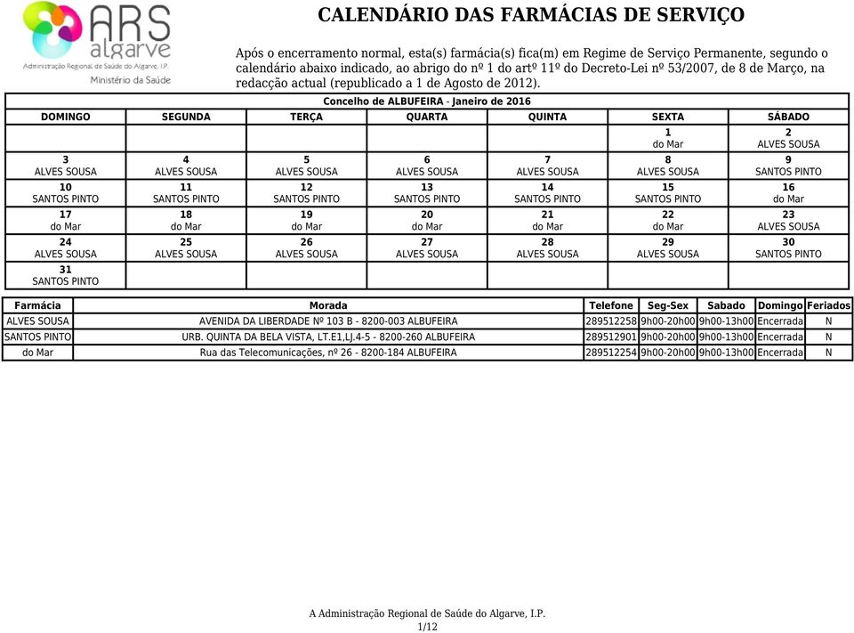 Concelho de ALBUFEIRA - Janeiro de 0 0 AVENIDA DA LIBERDADE Nº 0 B - 0-00 ALBUFEIRA h00-h00 h00-h00