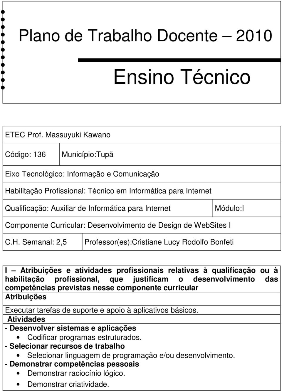 Internet Módulo:I Componente Curricular: Desenvolvimento de Design de WebSites I C.H.