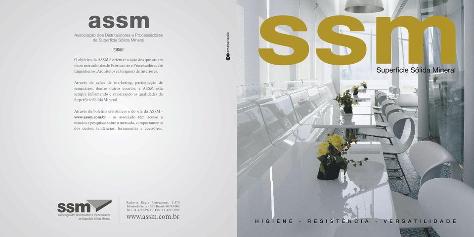 sssuperfície Sólida Mineral Através de ações de marketing, participação de seminários, dentre outros eventos, a ASSM está sempre informando e valorizando as qualidades da Superfície Sólida Mineral.