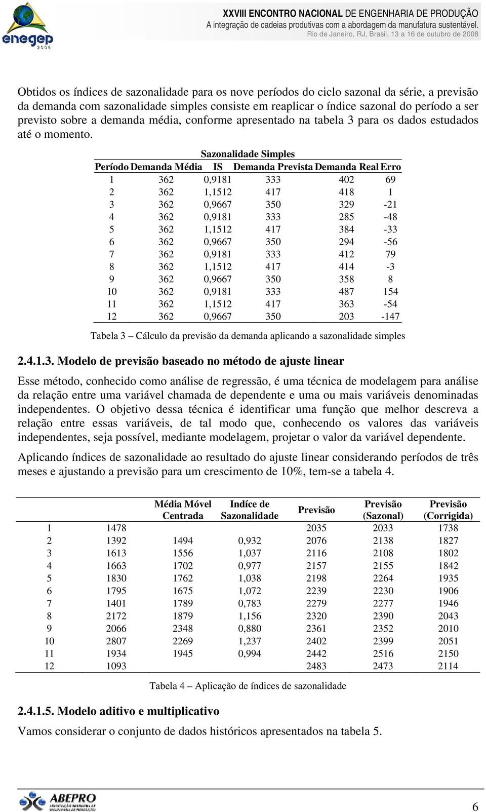 Sazonalidade Simples Período Demanda Média IS Demanda Prevista Demanda Real Erro 1 362 0,9181 333 402 69 2 362 1,1512 417 418 1 3 362 0,9667 350 329-21 4 362 0,9181 333 285-48 5 362 1,1512 417 384-33