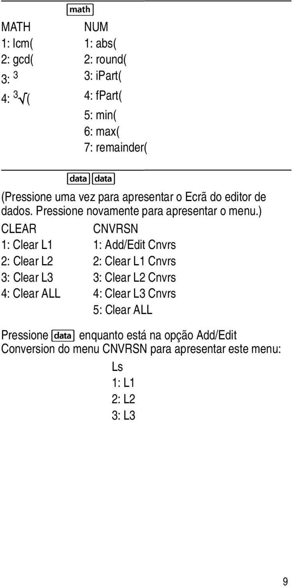 ) CLEAR CNVRSN 1: Clear L1 1: Add/Edit Cnvrs 2: Clear L2 2: Clear L1 Cnvrs 3: Clear L3 3: Clear L2 Cnvrs 4: Clear ALL 4: