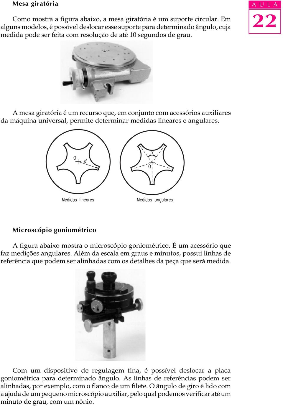 A U L A 22 A mesa giratória é um recurso que, em conjunto com acessórios auxiliares da máquina universal, permite determinar medidas lineares e angulares.