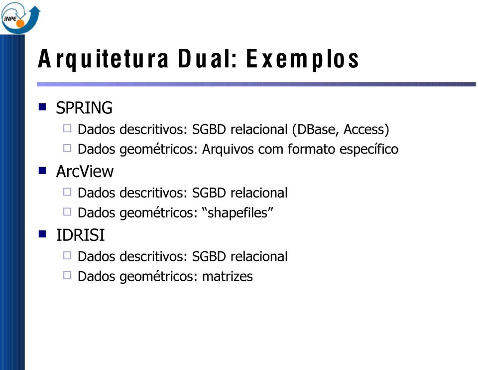 específico ArcView Dados descritivos: SGBD relacional Dados