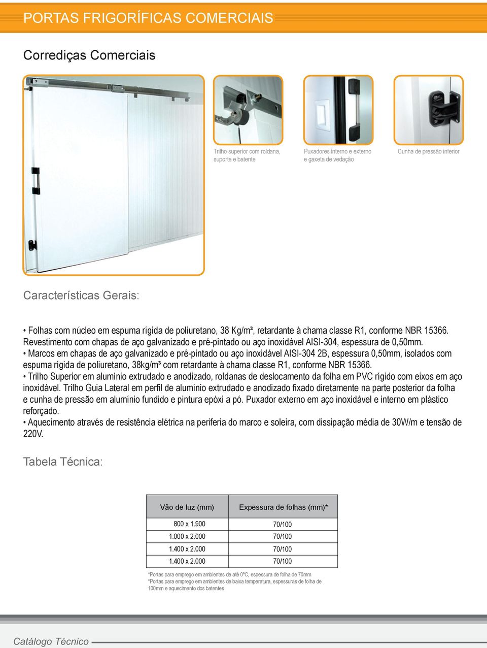 Marcos em chapas de aço galvanizado e pré-pintado ou aço inoxidável AISI-304 2B, espessura 0,mm, isolados com espuma rígida de poliuretano, 38kg/m³ com retardante à chama classe R1, conforme NBR