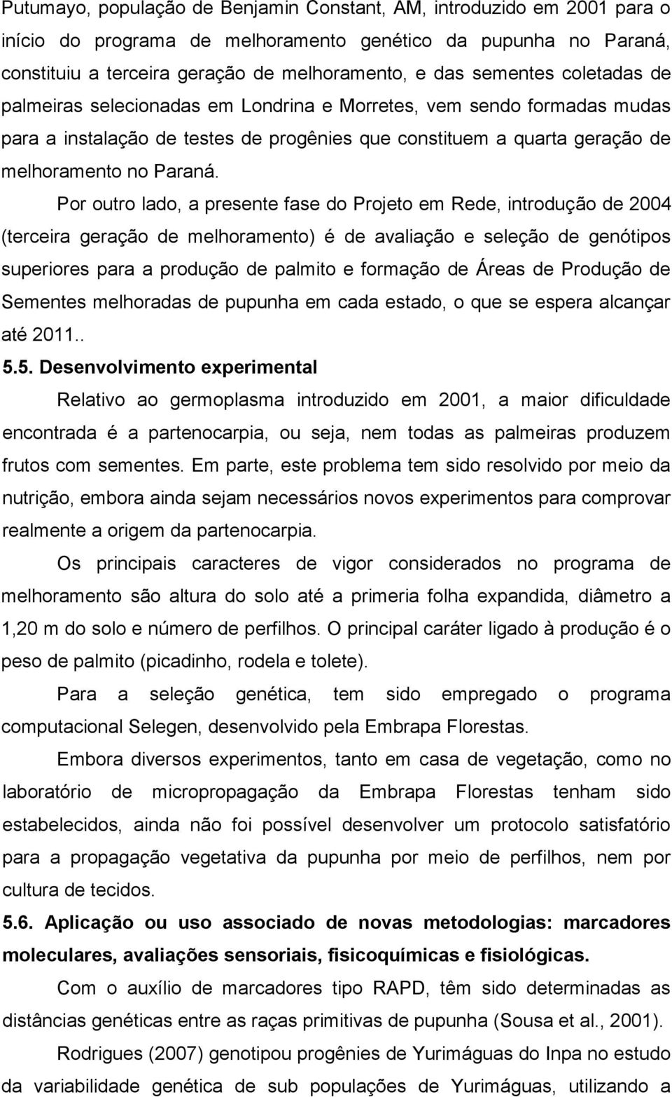 Por outro lado, a presente fase do Projeto em Rede, introdução de 2004 (terceira geração de melhoramento) é de avaliação e seleção de genótipos superiores para a produção de palmito e formação de