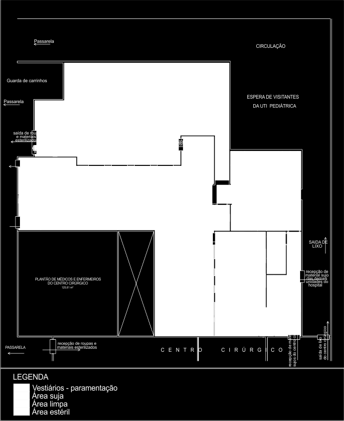 Figura 04. Layout do CME com zoneamento das áreas de atividades. Fonte: o autor. Adjascente à área de desinfeção está o setor de preparo de materiais limpos.