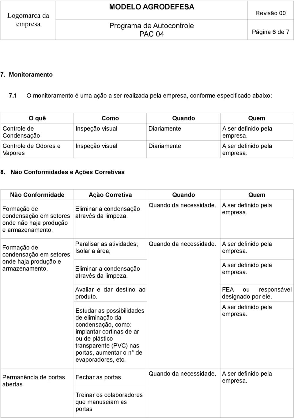 visual Diariamente 8. Não Conformidades e Ações Corretivas Não Conformidade Ação Corretiva Quando Quem Formação de condensação em setores onde não haja produção e armazenamento.