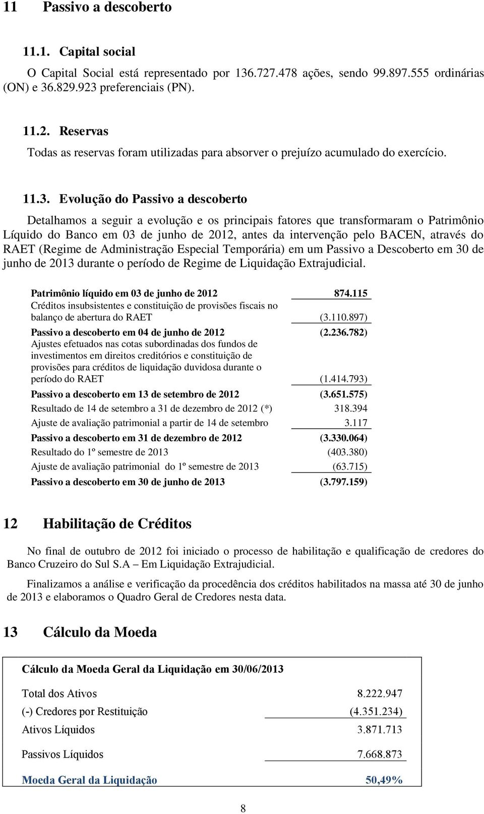 através do RAET (Regime de Administração Especial Temporária) em um Passivo a Descoberto em 30 de junho de 2013 durante o período de Regime de Liquidação Extrajudicial.