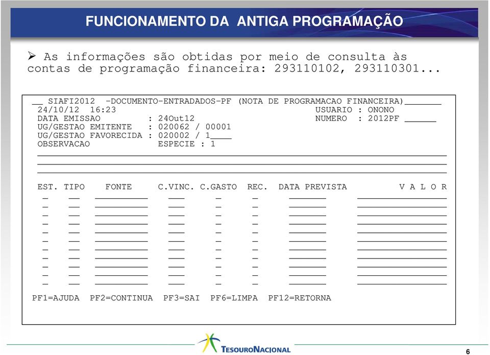 .. SIAFI2012 -DOCUMENTO-ENTRADADOS-PF (NOTA DE PROGRAMACAO FINANCEIRA) 24/10/12 16:23 USUARIO : ONONO DATA EMISSAO :