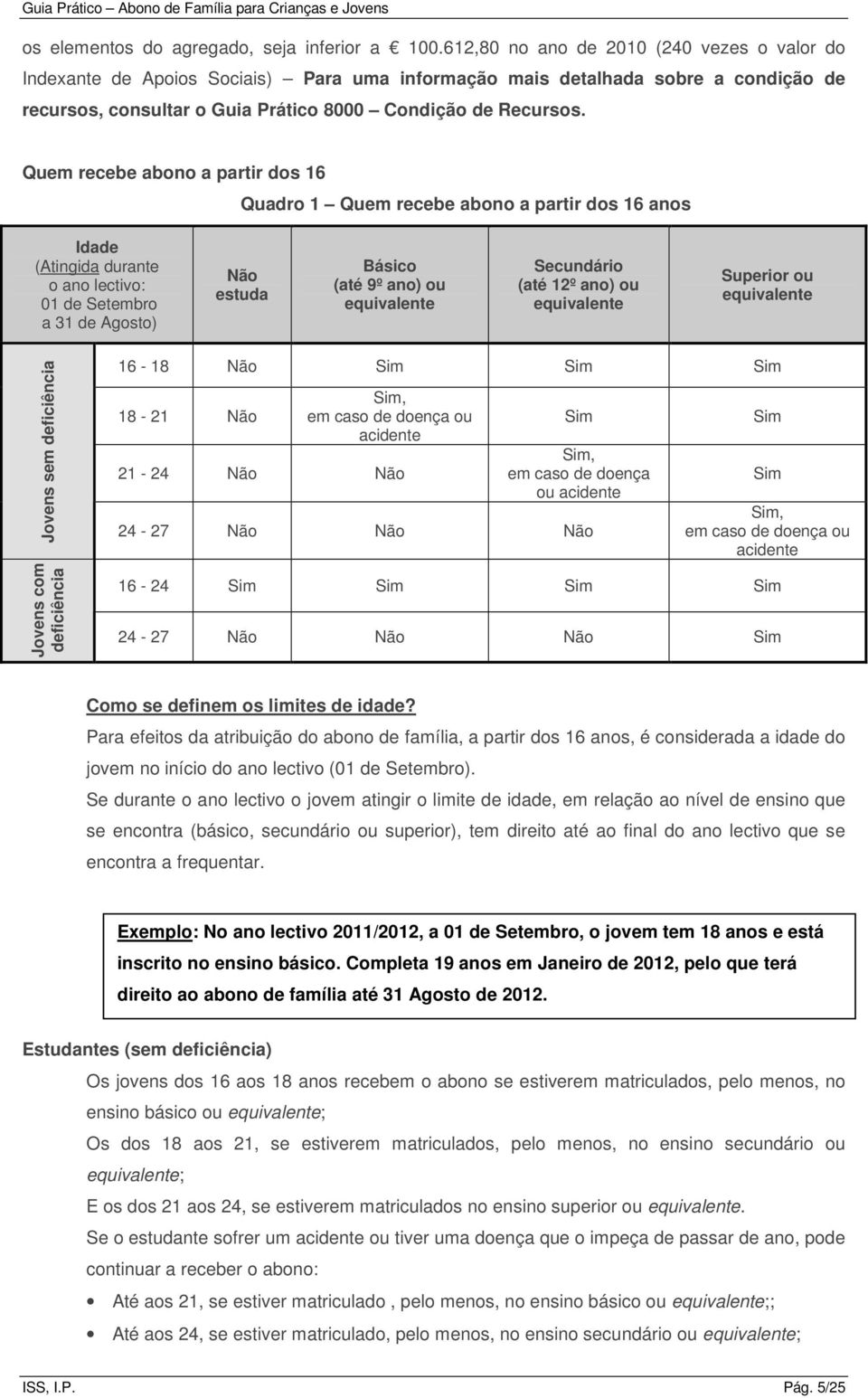 Quem recebe abono a partir dos 16 Quadro 1 Quem recebe abono a partir dos 16 anos Idade (Atingida durante o ano lectivo: 01 de Setembro a 31 de Agosto) Não estuda Básico (até 9º ano) ou equivalente