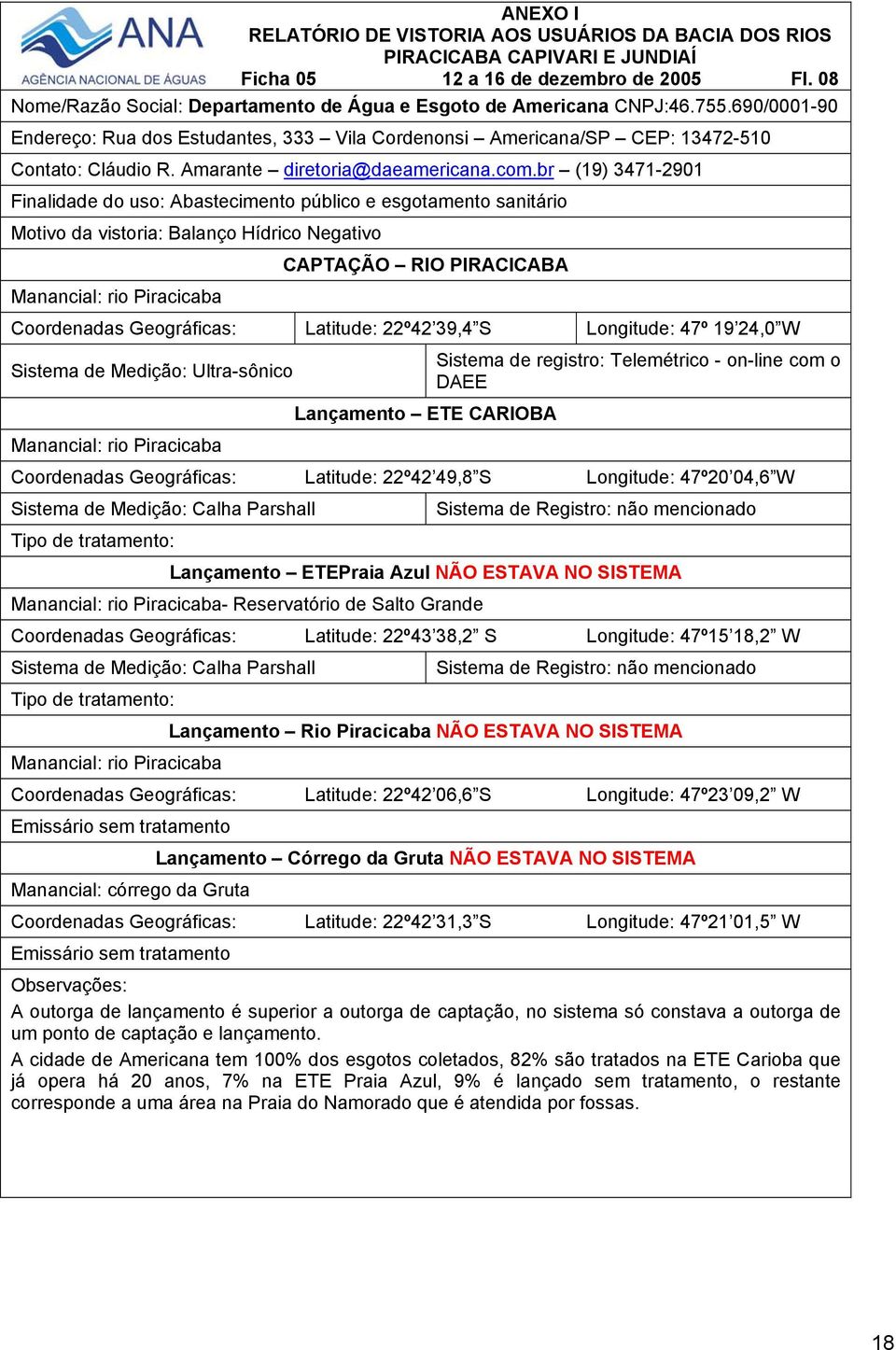 br (19) 3471-2901 Finalidade do uso: Abastecimento público e esgotamento sanitário Motivo da vistoria: Balanço Hídrico Negativo Manancial: rio Piracicaba CAPTAÇÃO RIO PIRACICABA Coordenadas