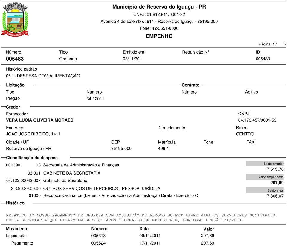 306,07 RELATIVO AO NOSSO PAGAMENTO DE DESPESA COM AQUISIÇÃO DE ALMOÇO BUFFET LIVRE PARA OS SERVIDORES MUNICIPAIS, DESTA