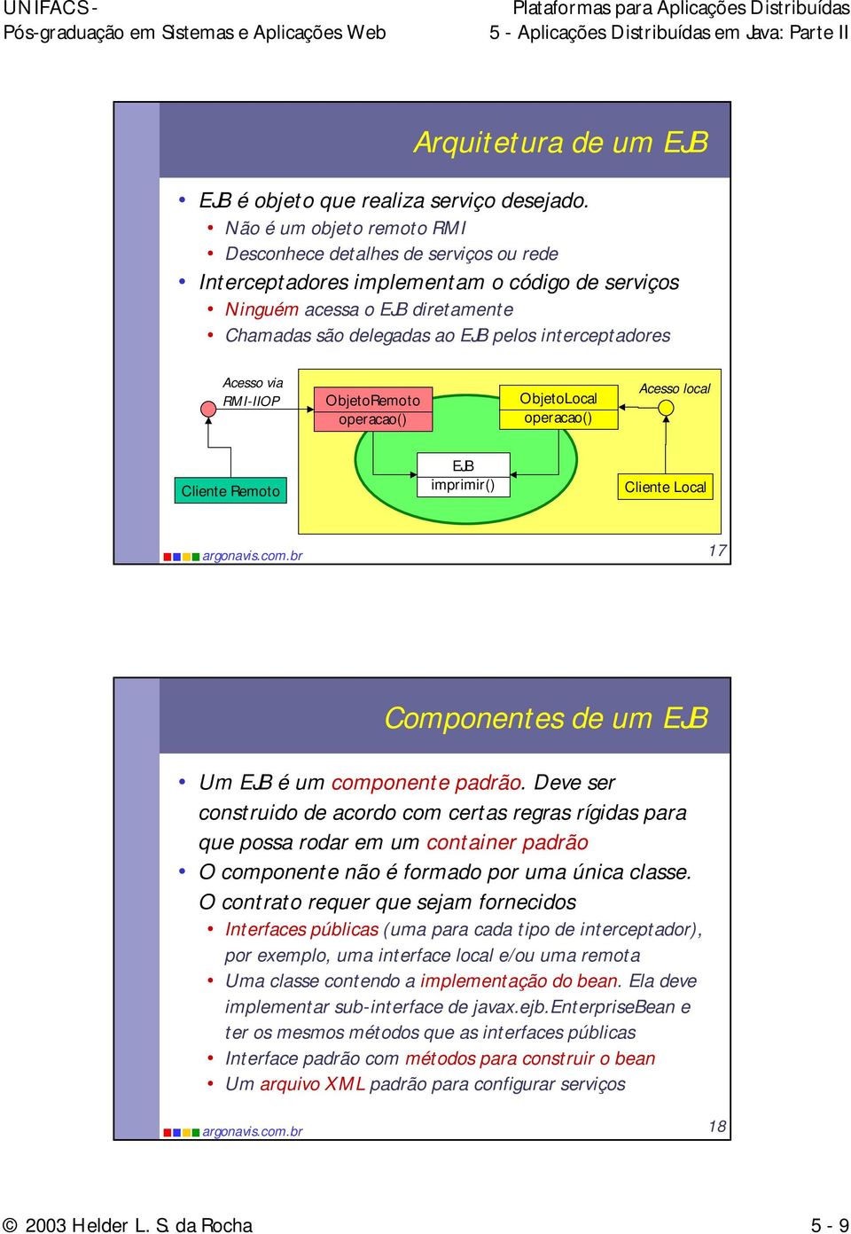 interceptadores Acesso via RMI-IIOP ObjetoRemoto operacao() ObjetoLocal operacao() Acesso local Cliente Remoto EJB imprimir() Cliente Local 17 Componentes de um EJB Um EJB é um componente padrão.