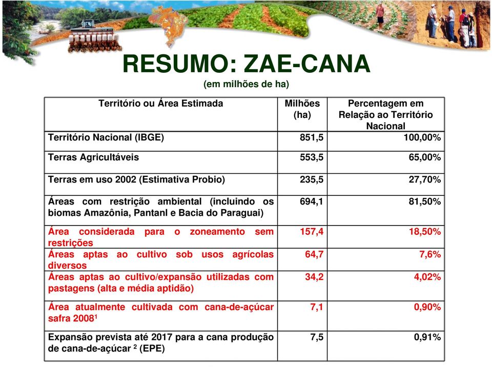 considerada para o zoneamento sem restrições Áreas aptas ao cultivo sob usos agrícolas diversos Áreas aptas ao cultivo/expansão utilizadas com pastagens (alta e média aptidão)