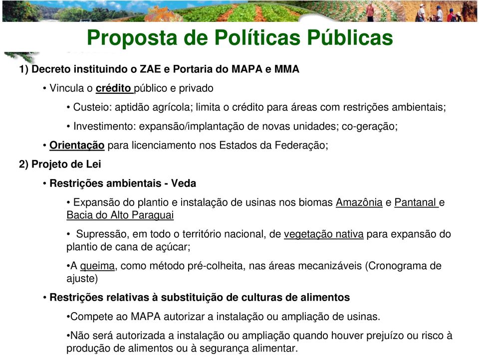 plantio e instalação de usinas nos biomas Amazônia e Pantanal e Bacia do Alto Paraguai Supressão, em todo o território nacional, de vegetação nativa para expansão do plantio de cana de açúcar; A