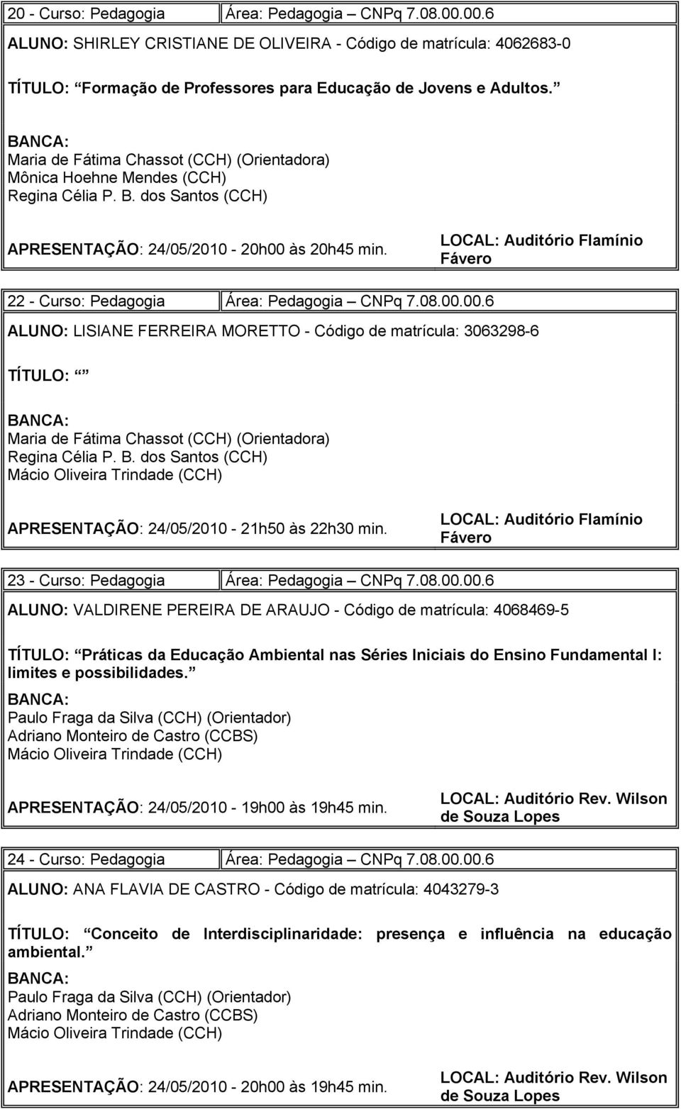 00.00.6 ALUNO: LISIANE FERREIRA MORETTO - Código de matrícula: 3063298-6 TÍTULO: Maria de Fátima Chassot (CCH) (Orientadora) Regina Célia P. B.