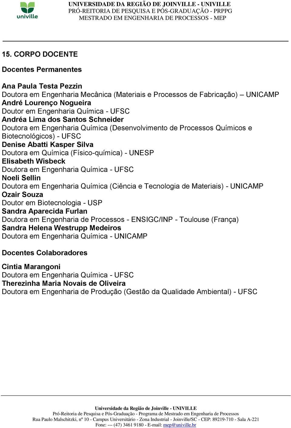 Elisabeth Wisbeck Doutora em Engenharia Química - UFSC Noeli Sellin Doutora em Engenharia Química (Ciência e Tecnologia de Materiais) - UNICAMP Ozair Souza Doutor em Biotecnologia - USP Sandra