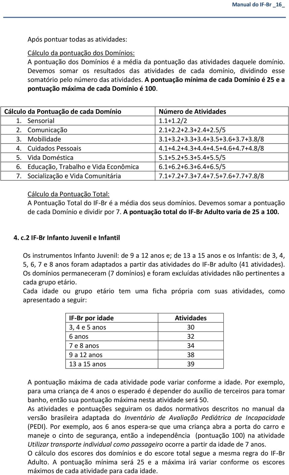 Cálculo da Pontuação de cada Domínio Número de Atividades 1. Sensorial 1.1+1.2/2 2. Comunicação 2.1+2.2+2.3+2.4+2.5/5 3. Mobilidade 3.1+3.2+3.3+3.4+3.5+3.6+3.7+3.8/8 4. Cuidados Pessoais 4.1+4.2+4.