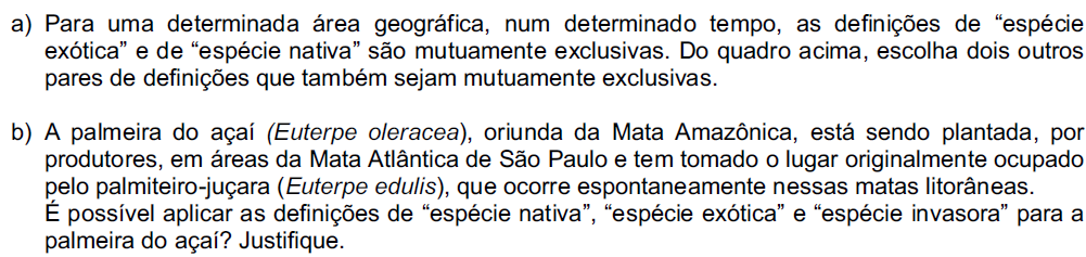 Questão 10 Resposta a) As definições de espécie ameaçada e espécie extinta são mutuamente exclusivas, assim como a definição de espécie endêmica e espécie invasora.